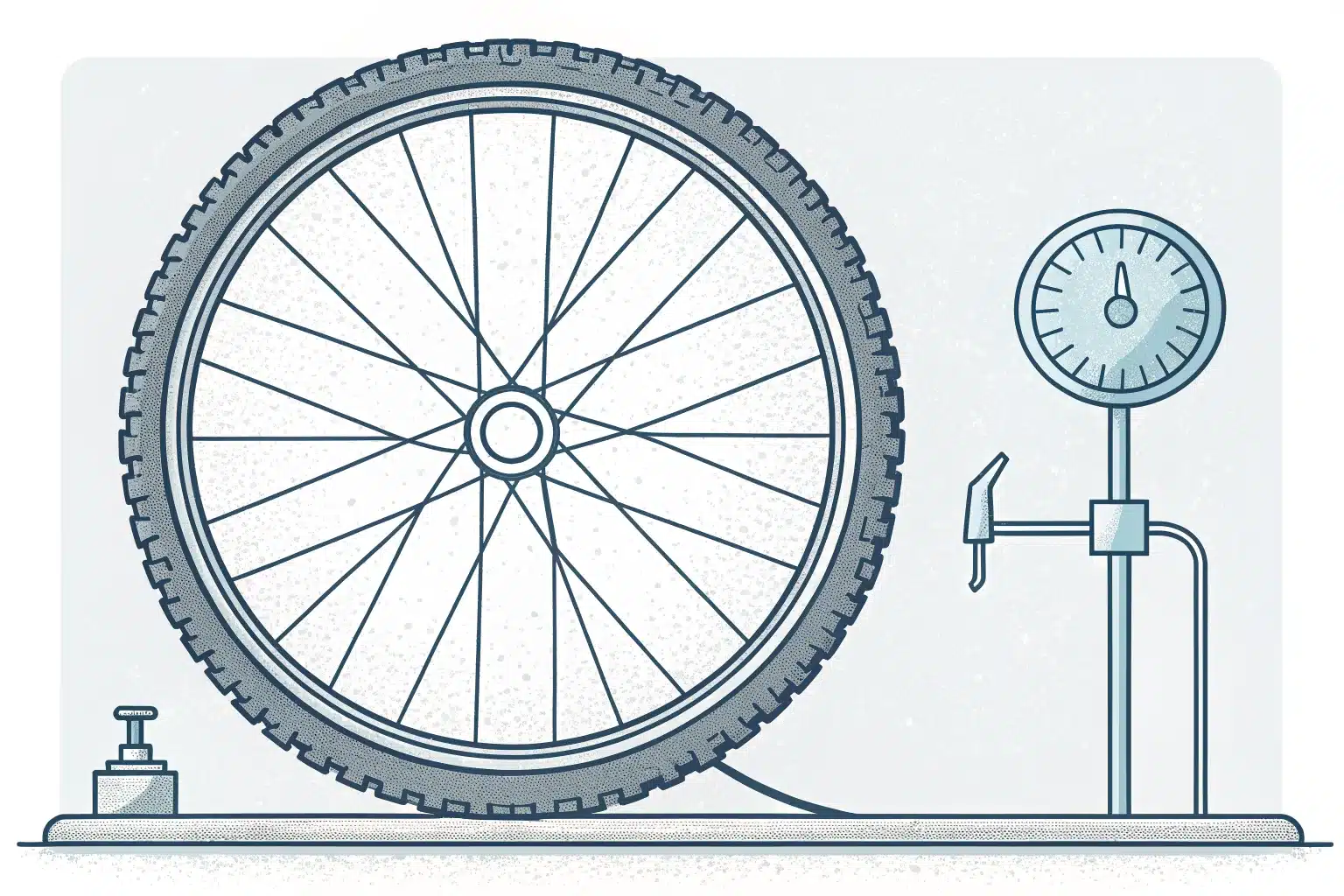 Schéma d'une roue de vélo posée au sol à côté d'un manomètre de gonflage