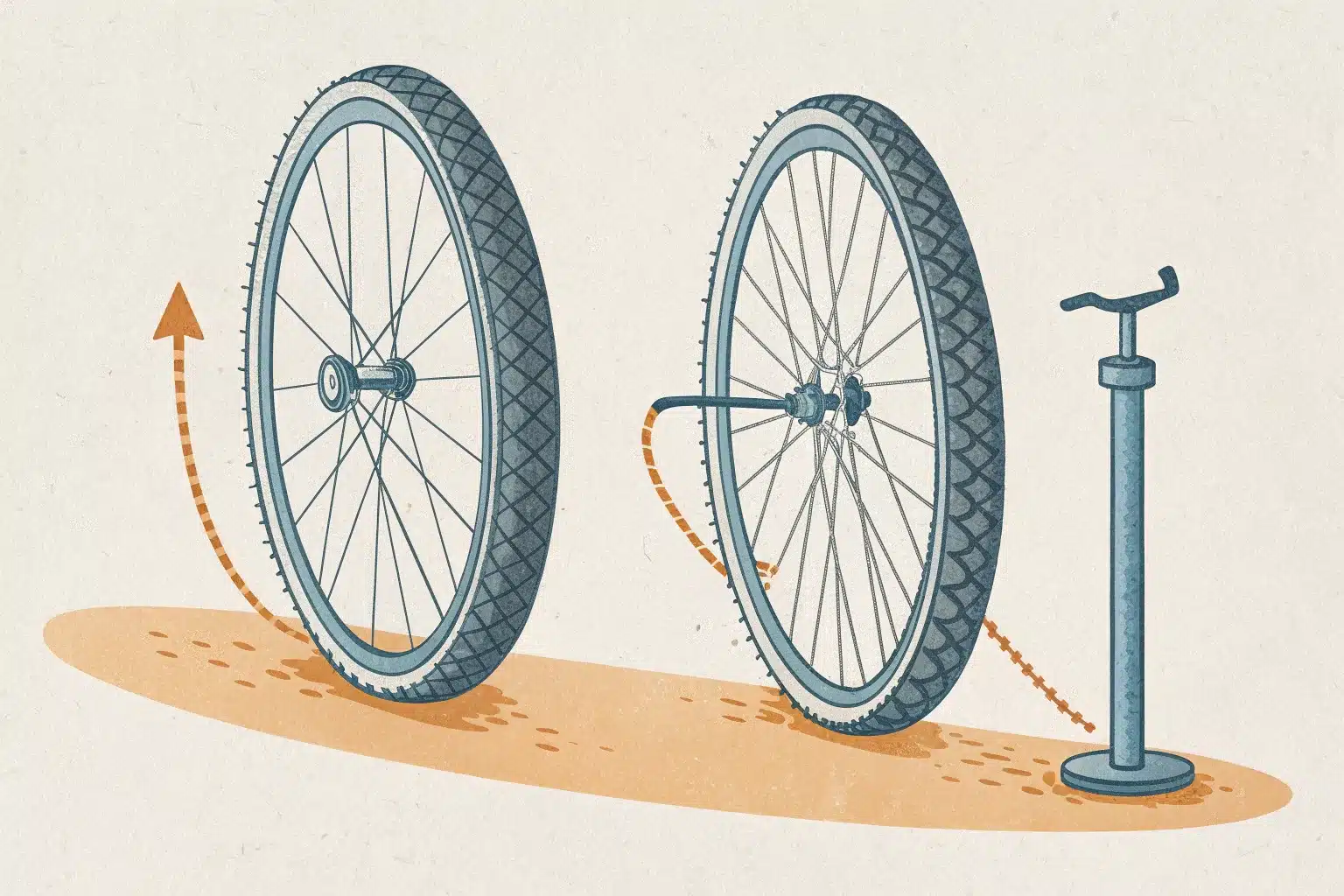 Schéma de deux roues de vélo, un pneu étroit et un pneu large, à côté d'une pompe à pied