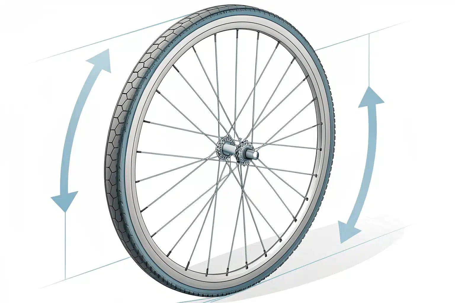 Schéma d'une roue de vélo vue de biais, pneu monté sur la jante, avec des flèches indiquant les dimensions
