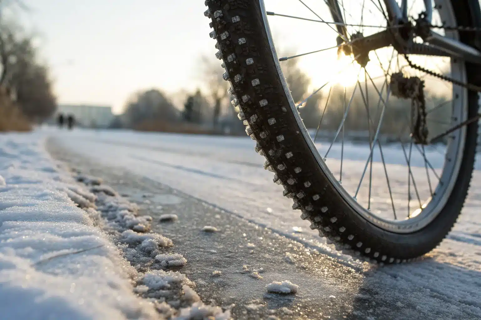 Pneu de vélo à clous sur une piste cyclable couverte de neige et de givre