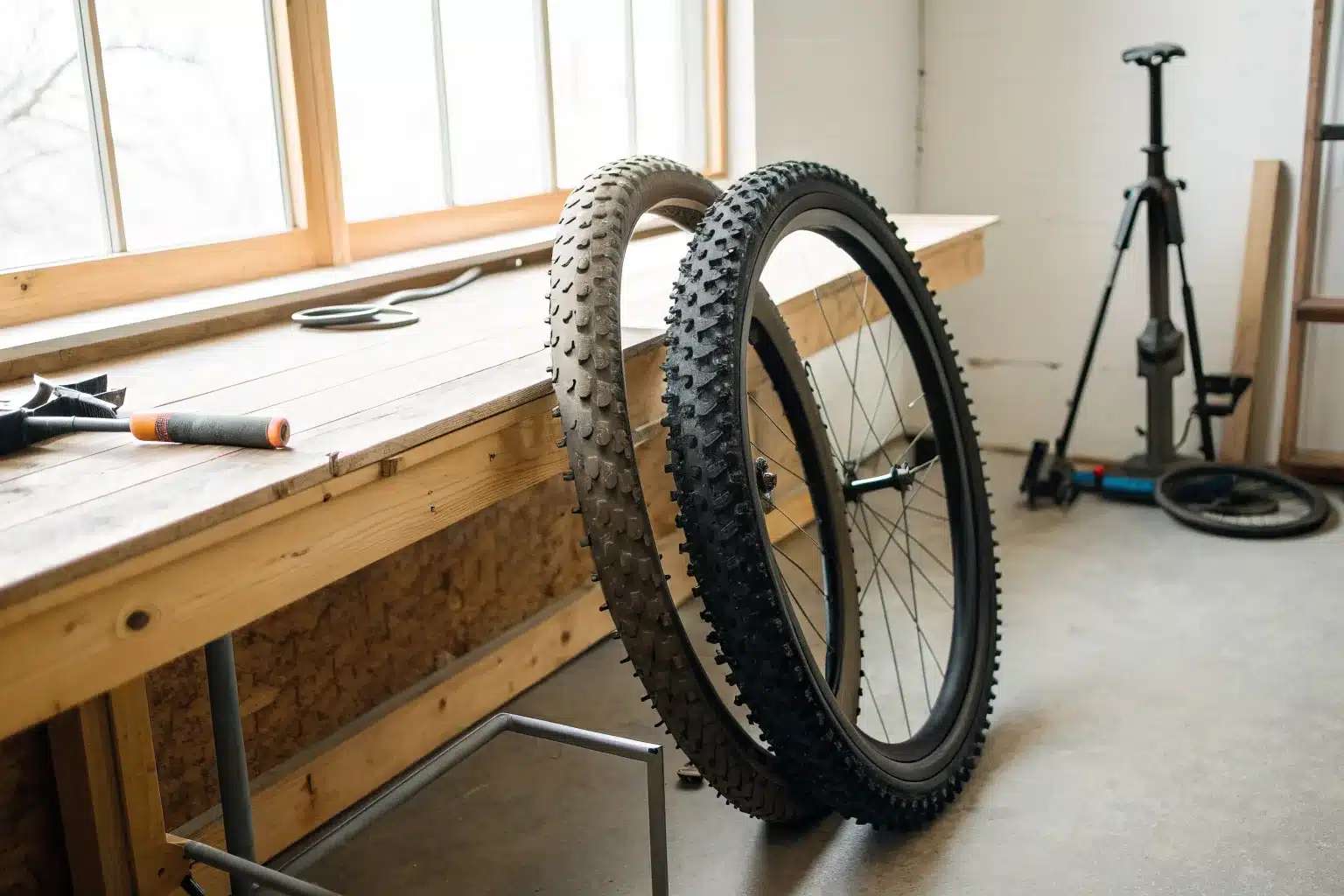 Deux pneus de vélo d'hiver posés contre un établi d'atelier, l'un à lamelles, l'autre à clous