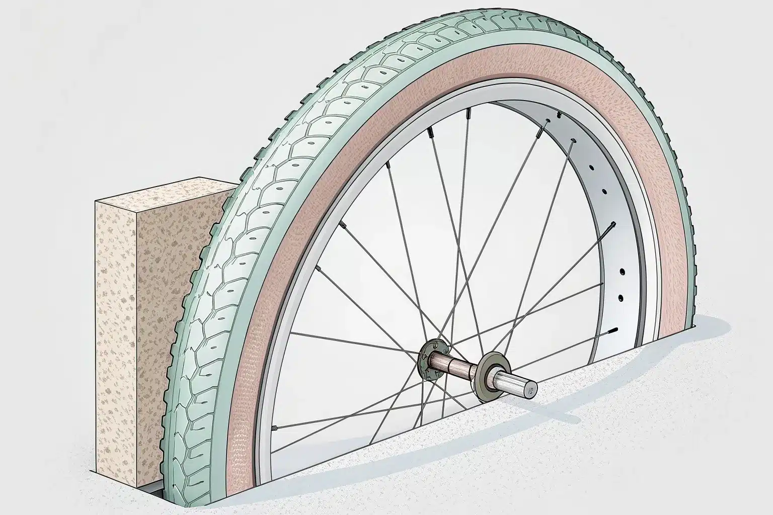 Illustration d'une roue de vélo coupée en deux montrant le pneu monté sur la jante et les rayons