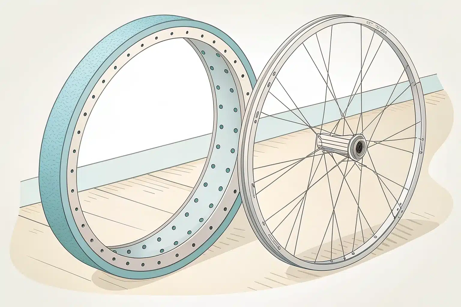 Illustration d'une jante de vélo seule, à côté d'une roue à rayons, pour repérer la largeur intérieure entre ses deux flancs
