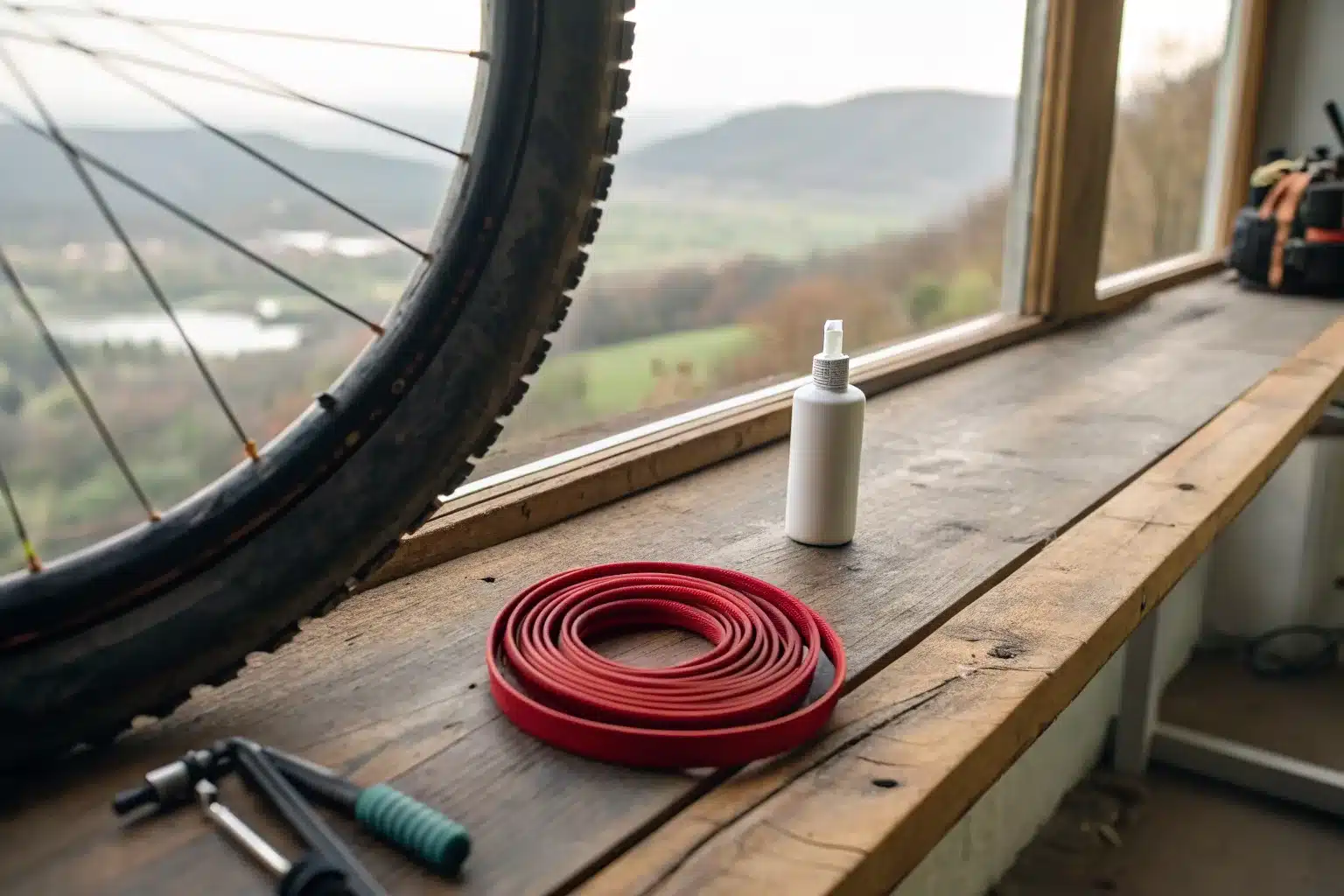 Roue de vélo à pneu cranté posée sur un établi en bois, à côté d'une chambre à air rouge enroulée, d'un flacon de liquide préventif et d'outils