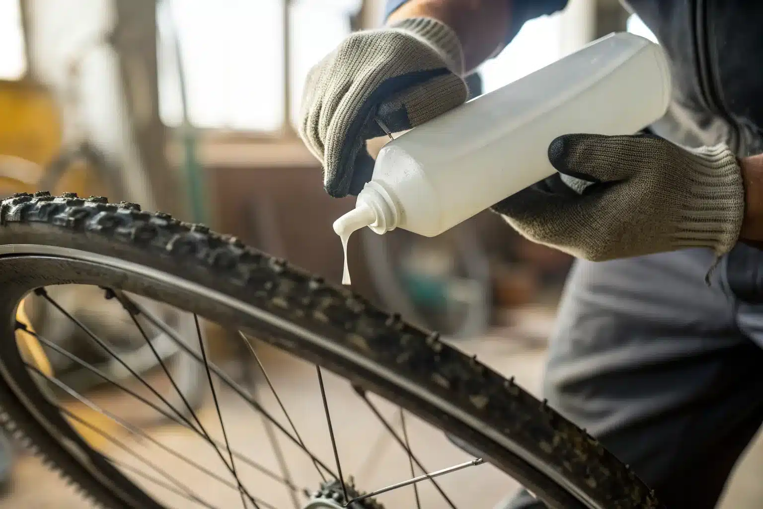 Mains gantées versant du liquide préventif blanc dans un pneu de VTT en cours de montage tubeless sur sa jante
