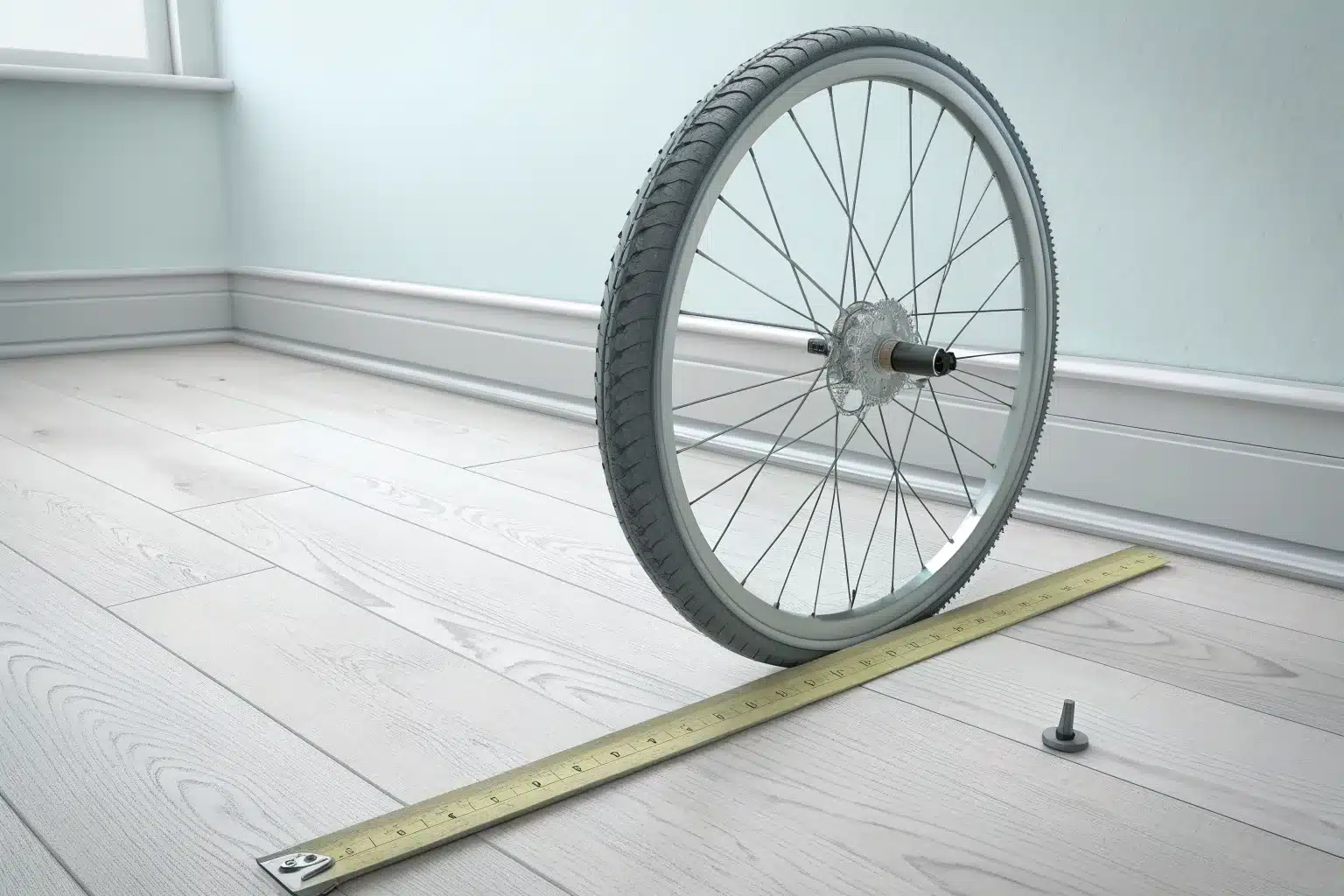 Roue de vélo posée sur un parquet le long d'une règle, valve en bas, pour mesurer un tour de roue